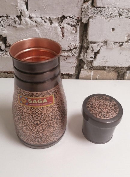Медный кувшин со стаканом Сага (Pure Copper Jar ANTIQUE CURVED EMBOSSED Saga) 1000 мл
