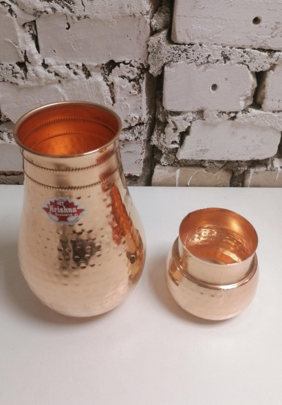 Медный кувшин со стаканом Кришна (Pure Copper Jug LOTUS Krishna) 1000 мл