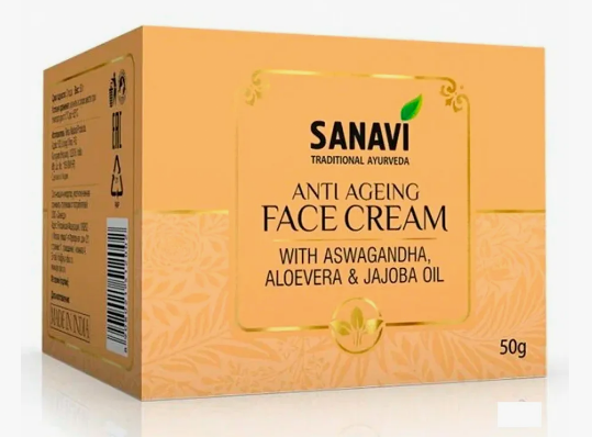 Крем антивозрастной для лица Ашваганда, Алоэ вера и масло Жожоба (Anti Ageing face cream with Aswagandha, Aloevera and Jajoba oil Sanavi) 50 г