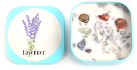 Свеча соевая ароматическая с флюоритом и лавандой в жестяной банке (Lavender Candle) 5 х 5 см