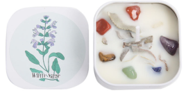 Свеча соевая ароматическая с флюоритом, белым шалфеем и ракушками в жестяной банке( White Sage Candle) 5 х 5 см