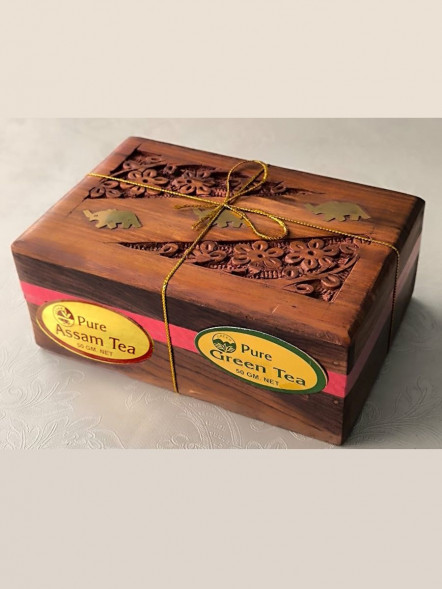 Набор чая подарочный в деревянной шкатулке Ассам и Зеленый чай (Pure Green Tea and Assam Tea) 100 г (50 г + 50 г)
