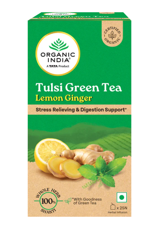 Чай Тулси, зеленый чай, лимон и имбирь Органик Индия (Tulsi Green Tea Lemon and Ginger Organic India) 25 пакетиков