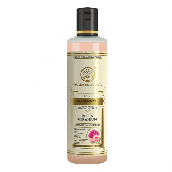 Масло массажное с Розой и Геранью Кхади (Rose Geranium Paraben Mineral Oil free Massage Oil Khadi) 210 мл