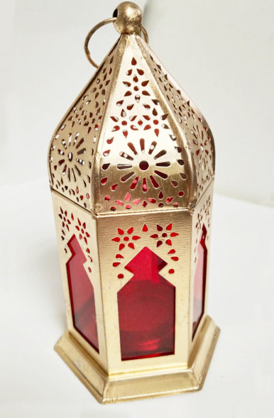 Подсвечник Фонарь красный и желтый, металл 16 см х 8 см х 8 см