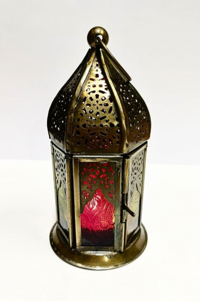 Подсвечник Фонарь красный и желтый, металл 16 см х 8 см х 8 см