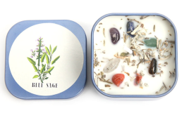 Свеча соевая ароматическая с флюоритом и голубым шалфеем в жестяной банке (Blue Sage Candle) 5 х 5 см