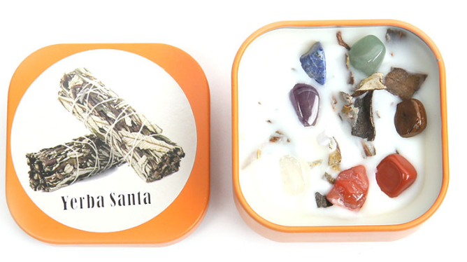 Свеча соевая ароматическая с флюоритом и Йерба Санта в жестяной банке (Yerba Santa Candle) 5 х 5 см
