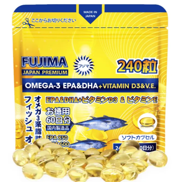 Омега-3 рыбий жир 850 EPA и 600 DHA, витамин D3 и Е (Japan Premium Omega-3 EPA DHA Fujima) 240 капсул на 60 дней