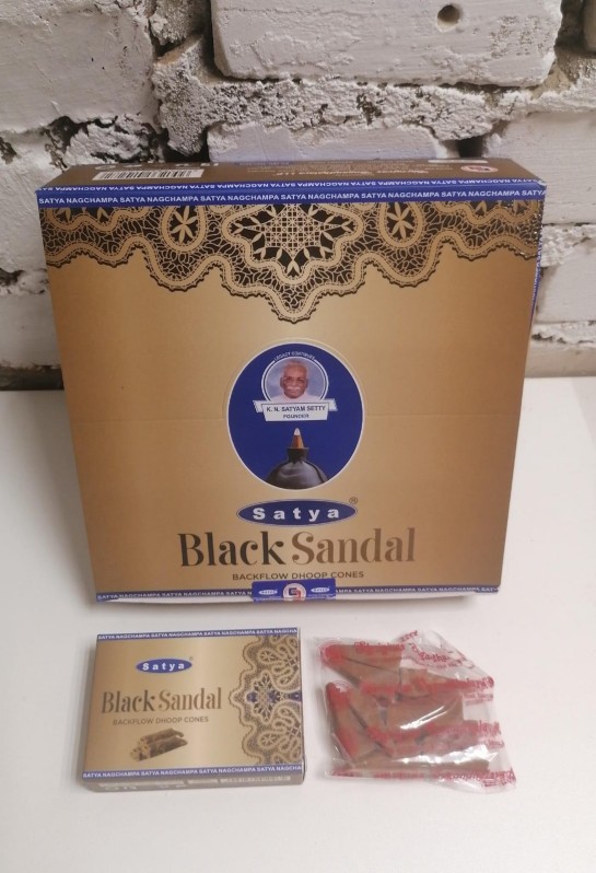 Благовония конусы стелющийся дым премиум Черный Сандал Сатья (Backflow Dhoop Cones Black Sandal Satya) 10 конусов