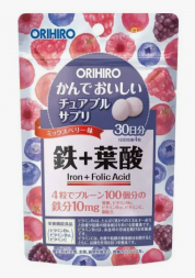 Жевательные витамины с железом и фолиевой кислотой со вкусом ягод (Japan Orihiro Iron Folic Acid) 100 таблеток