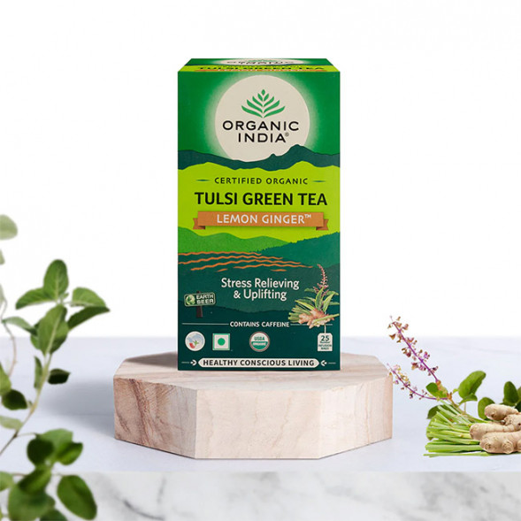 Чай Тулси Зеленый, Лимон и Имбирь Органик Индия (Tulsi Green Tea Lemon and Ginger Organic India) 25 пакетиков