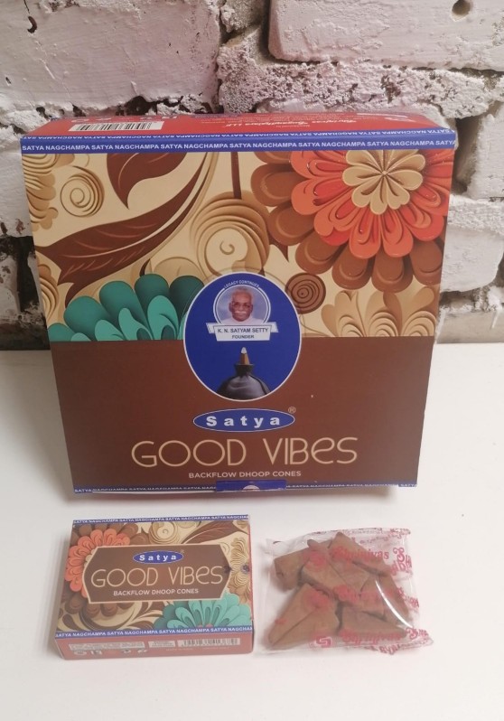 Благовония конусы стелющийся дым премиум Хорошие Вибрации Сатья (Backflow Dhoop Cones Good Vibes Satya) 10 конусов