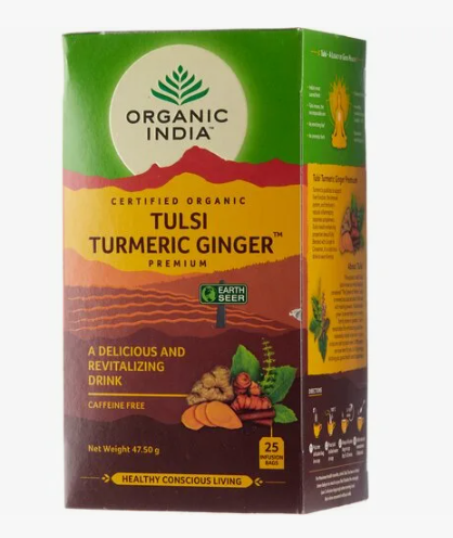 УЦЕНКА! Чай Тулси с куркумой и имбирем Органик Индия ПОМЯТА КОРОБКА (Tulsi Turmeric Ginger Organic India) 25 пакетиков 