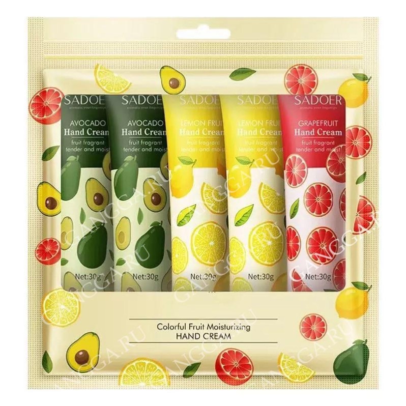 Набор кремов для рук увлажняющий: грейпфрут, лимон, авокадо (Sadoer fruit plant Hand Cream set) 5 шт x 30 г