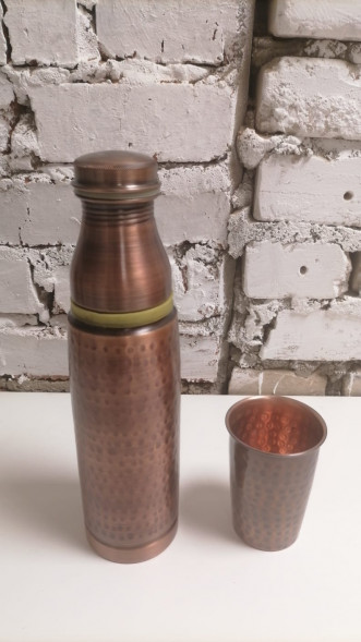 Медная бутылка со стаканом для воды (Copper water Bottle Antique Krishna) 1000 мл