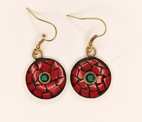 Серьги круглые, мозаика красные, металл 2 х 2 см    